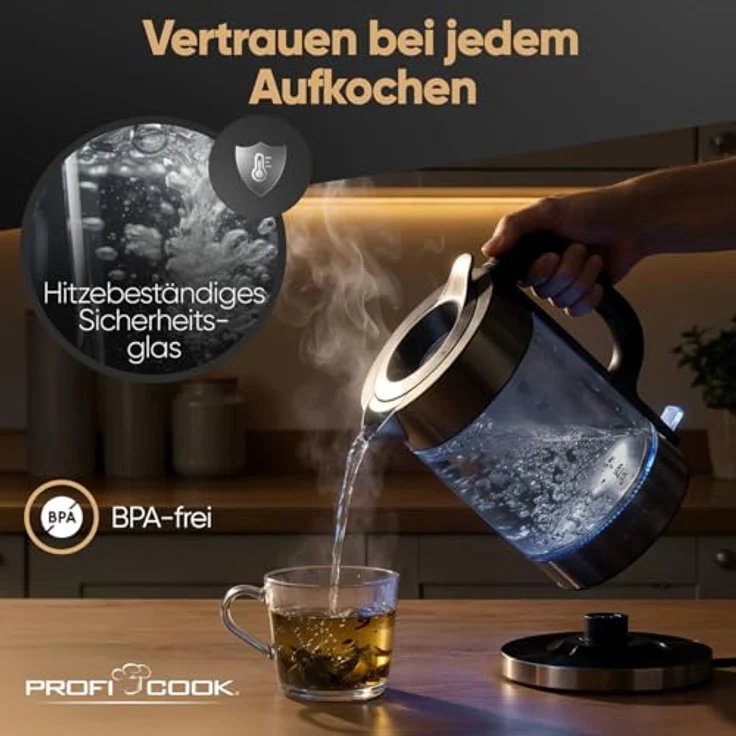 ProfiCook® Wasserkocher PC WK 1322, 1,7L, 2200W, Glas/Edelstahl, beleuchtet, BPA-frei, Einhandbedienung, 360° drehbarer Sockel, schwarz – Bild 5