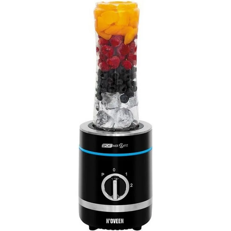Noveen Smoothie-Maker Mixer Sport Mix & Fit SB1000 X-LINE Mixer Smoothie Maker, 300 W - 2 Flaschen mit "Non Drip" Verschluss und Etui, Stahlfinish mit subtilen LED-Blitzen