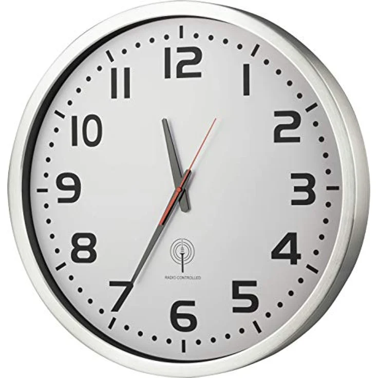 EUROTIME Funkwanduhr, 50 cm, Aluminiumgehäuse, Echtglas, klares 12-Zahlen Zifferblatt, automatische Zeitein- und Zeitumstellung von Sommer- und Winterzeit, Wanduhr für Wohnbereich oder Büro, rote Sekunde, wandanliegend, nur für Innen, 56863 – Bild 2