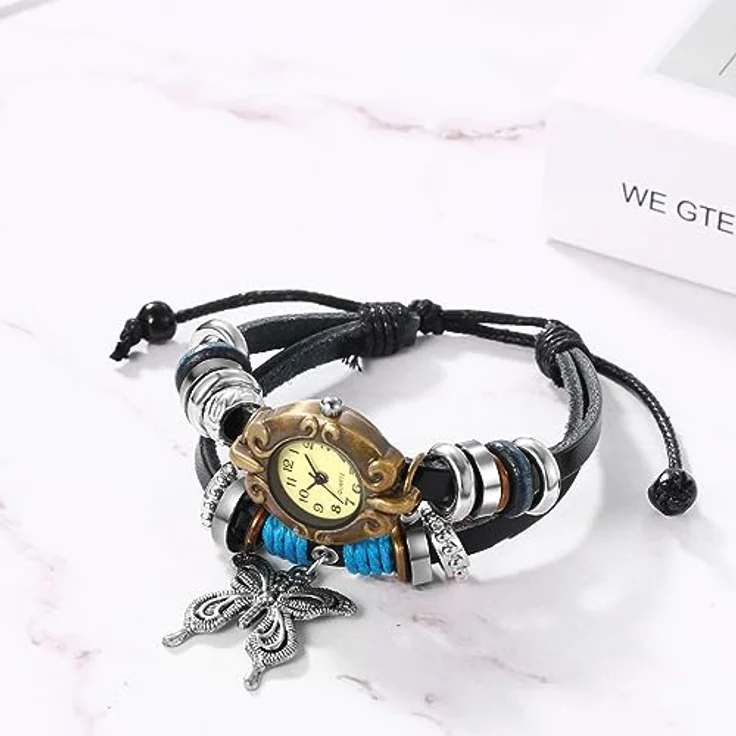 JewelryWe Vintage Schmetterling Analog Quarz Armbanduhr, Damen Uhr mit schwarzem Leder Wickelarmband und rundem Zifferblatt – Bild 4