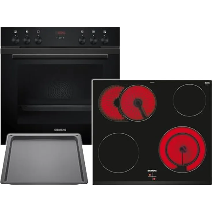 Siemens EQ211KA1BZ Set Einbauherd Deep Black Inox HE213ABB3 mit 5 Backofenfunktionen, 3D Heißluft und Glaskeramikkochfeld EA631GNA1E, 60 cm, zusätzliches Backblech HZ631070
