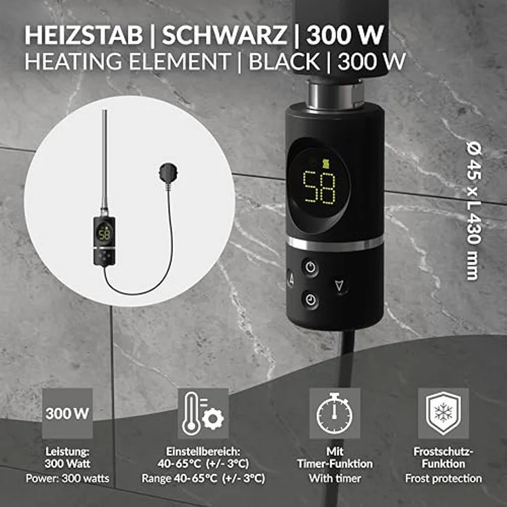LuxeBath Heizstab 300W Schwarz, elektrischer Heizkörper mit Thermostat und digitaler Anzeige – Bild 2
