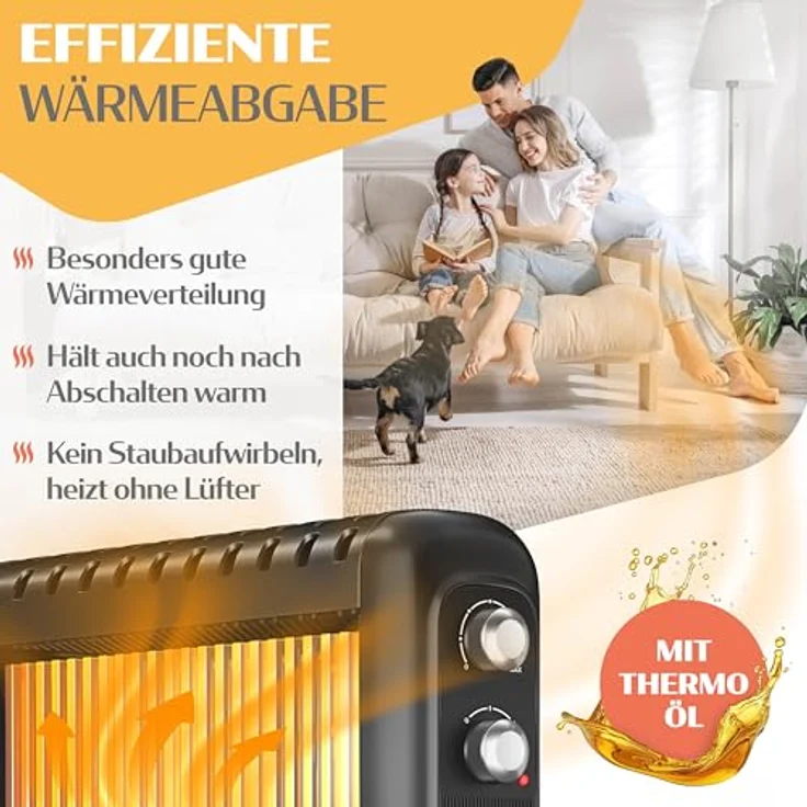 KESSER® Ölradiator 2500W, Elektroheizung mit Thermostat, 3 Heizstufen, Überhitzungsschutz, bewegliche 360° Rollen, Schwarz – Bild 5