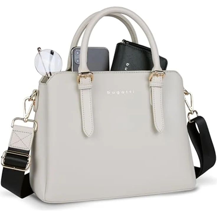 Bugatti Ella Handtasche M, Beige, viel Platz mit 30x12x23 cm, verstellbarem Schultergurt und eleganten roten Akzenten – Bild 4