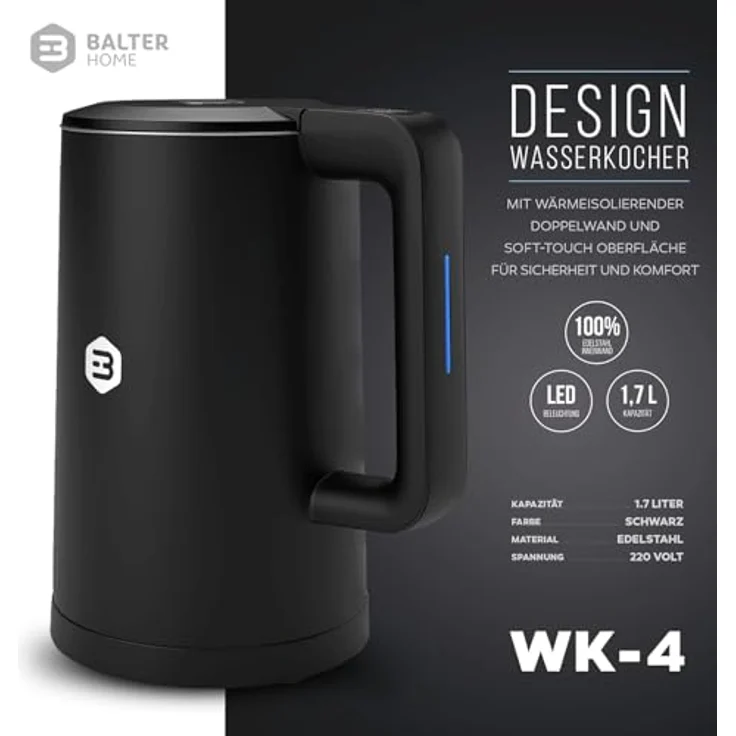 Balter Edelstahl Wasserkocher WK-04-Touch, elektrischer Wasserkocher mit Temperatureinstellung 40°C-100°C, Doppelwand, BPA-frei, 1,7L, 2200W, leise, Schwarz – Bild 2
