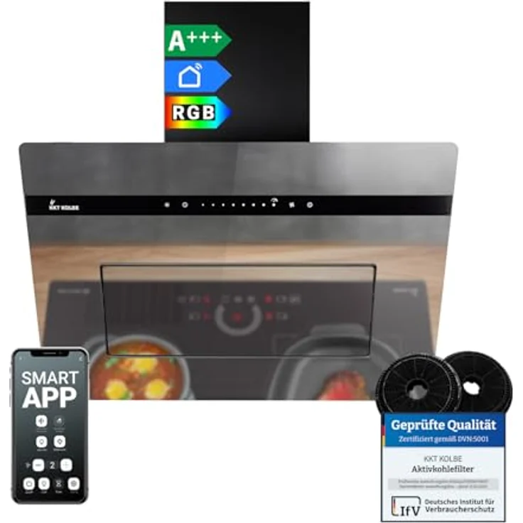 KKT KOLBE PLOOM6005M, Dunstabzugshaube 60 cm, A+++ Umluft/Abluft, 782 cbm/h, Schwarz Glas Spiegel, Nachlaufautomatik, Smart WiFi App, SensorTouch, RGBW LED-Beleuchtung – Bild 1