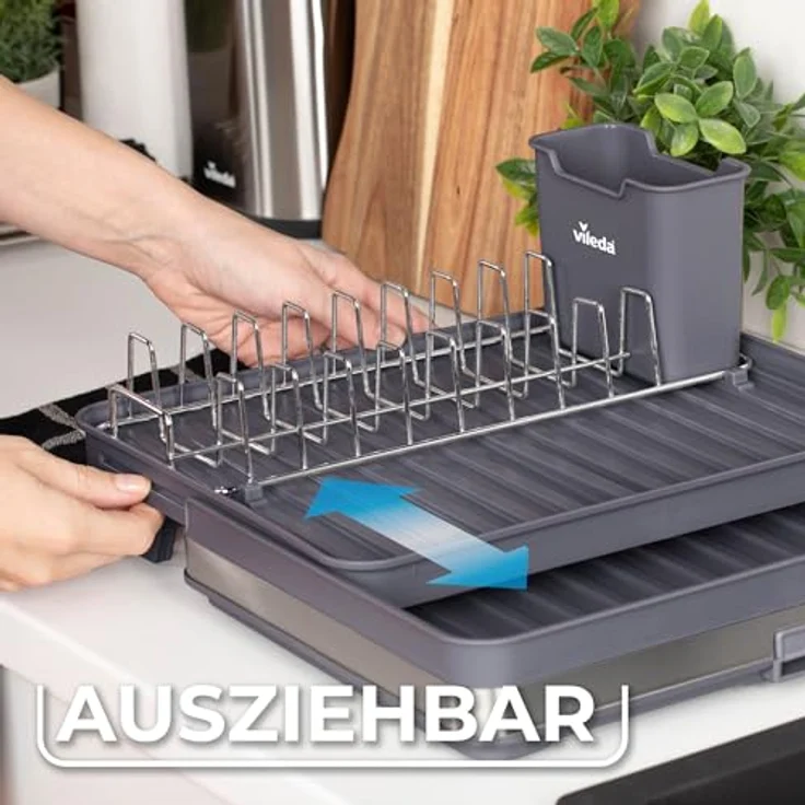 Vileda Abtropfgestell Geschirr - Platzsparendes Design mit Besteckhalter, ausziehbar, Rostfrei & Langlebig - Perfekt für Teller, Gläser & Besteck, Edelstahl/Kunststoff – Bild 3