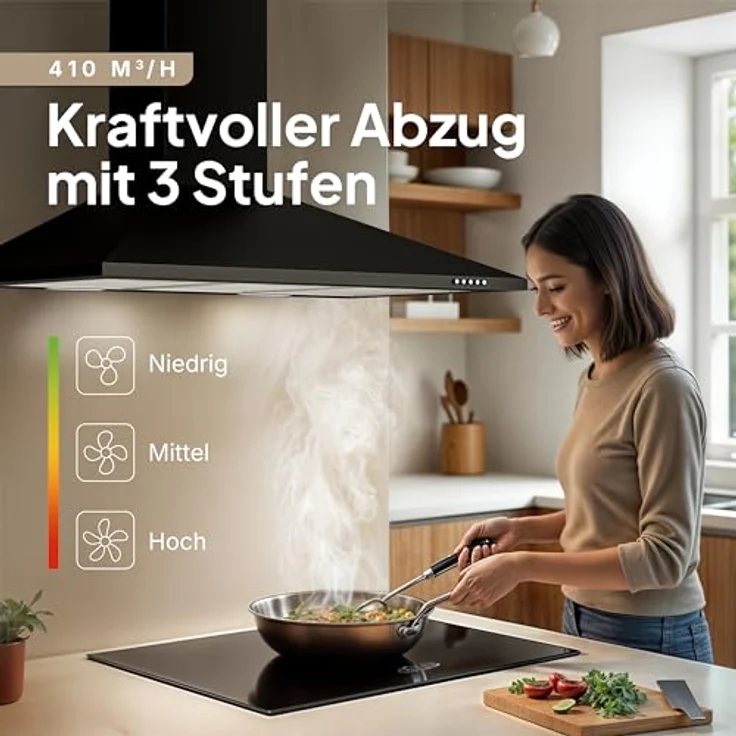 LEVIVO Dunstabzugshaube 90 cm, Umluft & Abluft mit 410 m³/h Luftleistung, 2 Aktivkohlefiltern, 3 Fettfiltern, Wandhaube, Edelstahl, 3 Stufen, LED-Beleuchtung – Bild 2