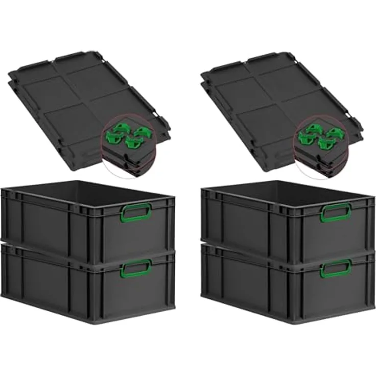 PROREGAL Eurobox NextGen Color SuperSparSet 4x, Transportbox schwarz mit Auflagedeckel & grünen Griffen, 44L, HxBxT 22x40x60cm