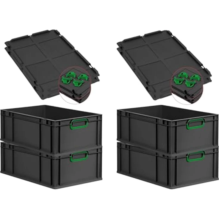 PROREGAL Eurobox NextGen Color SuperSparSet 4x, Transportbox schwarz mit Auflagedeckel & grünen Griffen, 44L, HxBxT 22x40x60cm – Bild 1