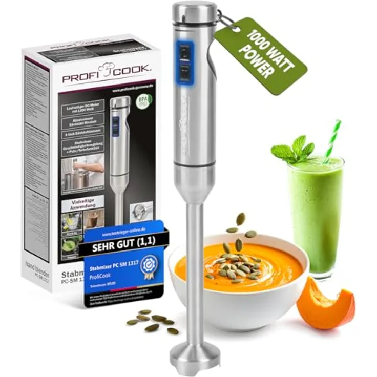 ProfiCook® PC SM 1317 Stabmixer 1000W, extra langer Edelstahl Mixstab, laufruhiger DC-Motor, Ice-Crush-Funktion, 4-fach Messer, auch für heiße Speisen geeignet