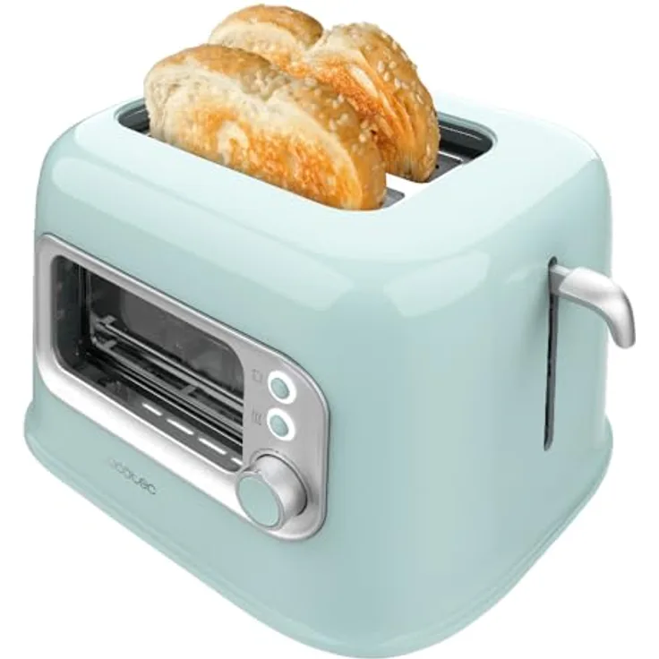 Cecotec RetroVision Blue Vertikaler Toaster, 700 W, 2 breite Schlitze, 5 Bräunungsstufen, Retro-Design mit Kontrollfenster und Staubschutz