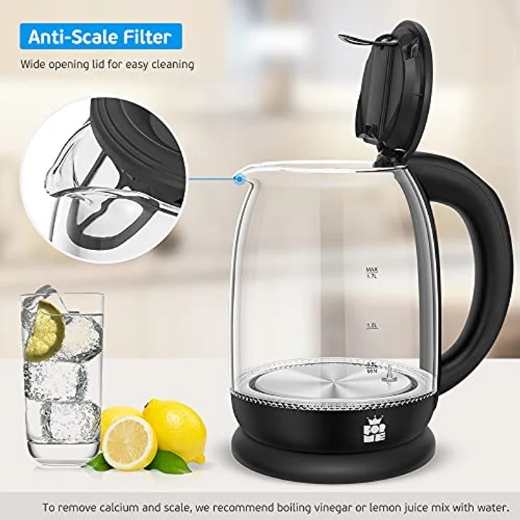 Forme FKG-227 Wasserkocher, 2200W, 1,7 Liter, Warmhaltefunktion, mit Temperatureinstellung, Glas, Edelstahl, schwarz – Bild 6