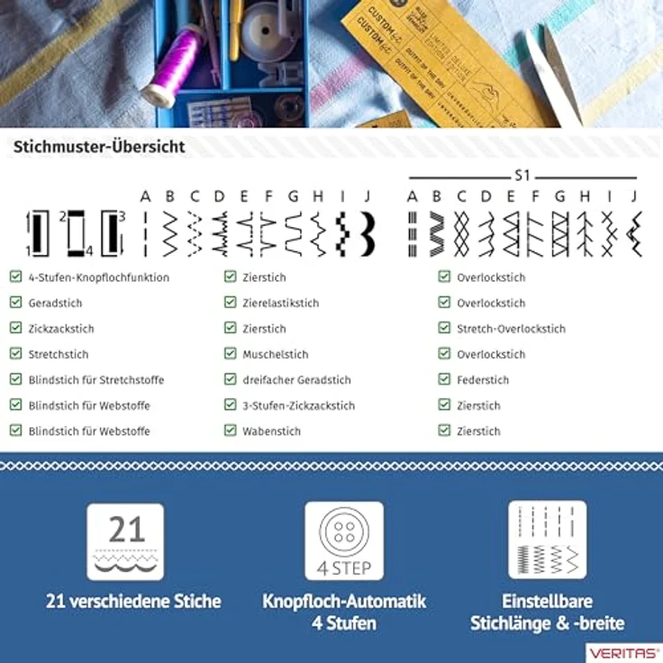 VERITAS Power Stitch 21 Denim Nähmaschine, mit XXL-Anschiebetisch und Fußpedal, bis zu 1.000 Stiche/Min, anpassbarer Nähfußdruck, inkl. Staubschutzhülle – Bild 5