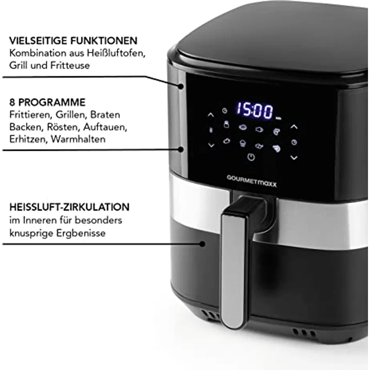 GOURMETmaxx Digitale Heißluft-Fritteuse XL 6,2 Liter | Kombination aus Heißluftofen, Grill und Fritteuse | 60 Min Timer, automatische Abschaltung, 8 Programme | Für besonders knusprige Ergebnisse – Bild 4