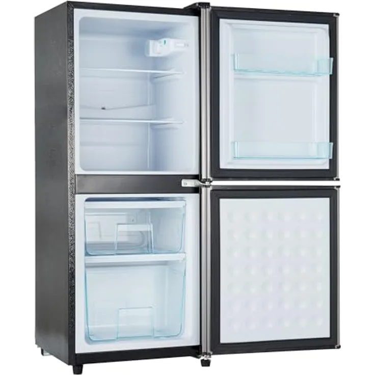 Merax 106L Zweizonen-Energiesparkühlschrank, 60L Kühlschrank + 46L 4-Sterne-Gefrierschrank, 7 Temperatureinstellungen, grau-silber gebürstet, LED-Beleuchtung, verstellbare Einlegeböden