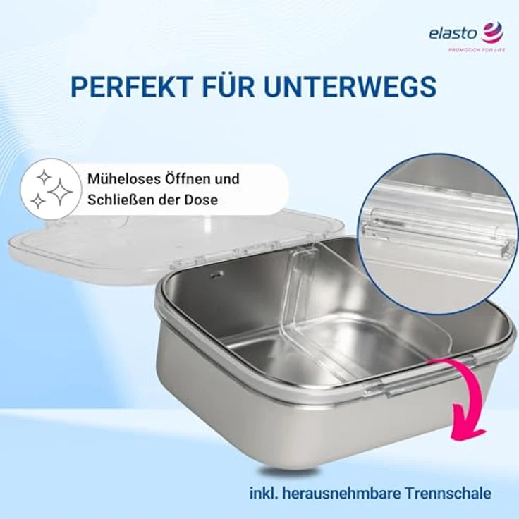 elasto Edelstahl Brotdose Kinder 'Storage', 1000 ml mit Trennwand und Fußballmotiv für Schule und Kindergarten – Bild 4