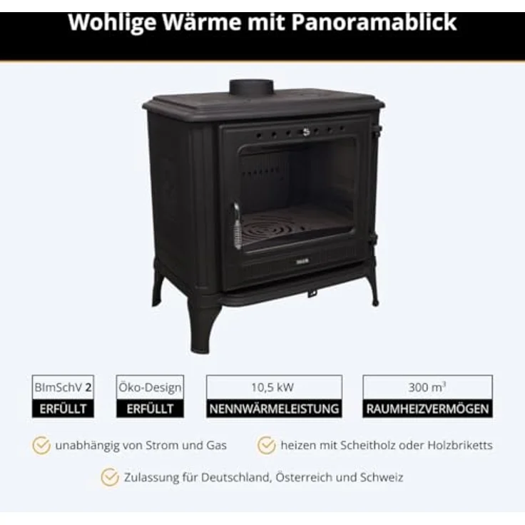 365® Kaminofen Ferrox 75, Gusseisen schwarz, 10,5 kW Nennwärmeleistung, mit Scheibenspülung und Aschekasten – Bild 2