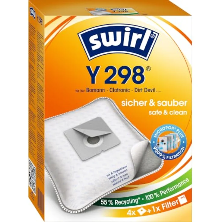 Swirl Y298 MicroPor Staubsaugerbeutel, 4 Stück mit Anti-Allergie Filter und Dirtlock Staubverschluss – Bild 1