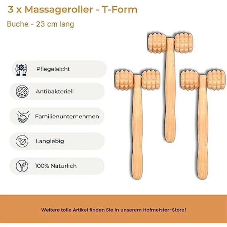 Hofmeister Holzwaren 3x Massage-Gerät aus Buchen-Holz, gegen Verspannungen & Schmerzen, Wellness & Entspannung für Rücken & Nacken, Naturprodukt, Rücken-Massage-Roller, 23 cm – Bild 2