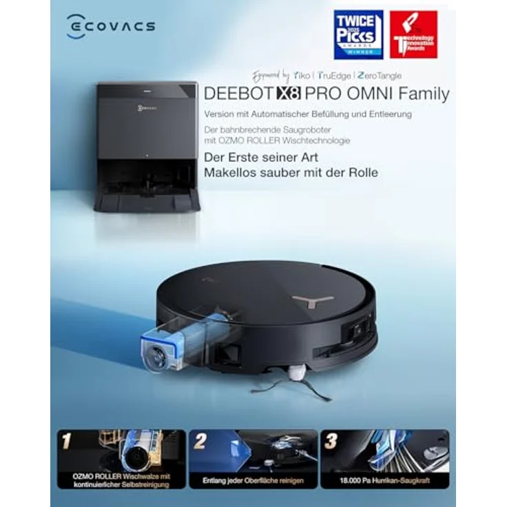 ECOVACS DEEBOT X8 PRO OMNI, Saug- und Wischroboter mit Absaugstation, OZMO ROLLER Wischsystem, 80 W, Heißwasserreinigung – Bild 3