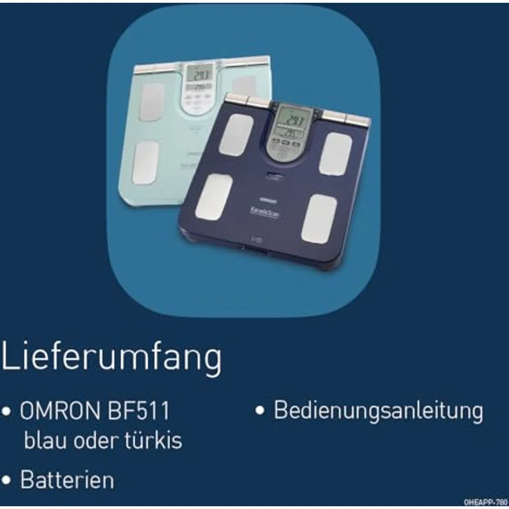 Omron Ganzkörperanalyse, Waage BF511 mit Hand, zu, Fuß, Messung, türkis, misst Körperfett, Gewicht, Viszeralfett, Skelettmuskelmasse, Kaloriengrundumsatz und BMI – Bild 6