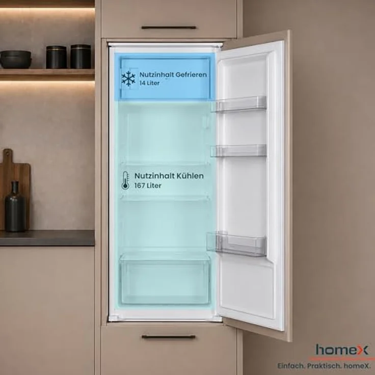 homeX CFB1811E Einbaukühlschrank mit Gefrierfach, 181 Liter, Schlepptürtechnik, LED-Beleuchtung, 39 dB, Energieeffizienzklasse E – Bild 5