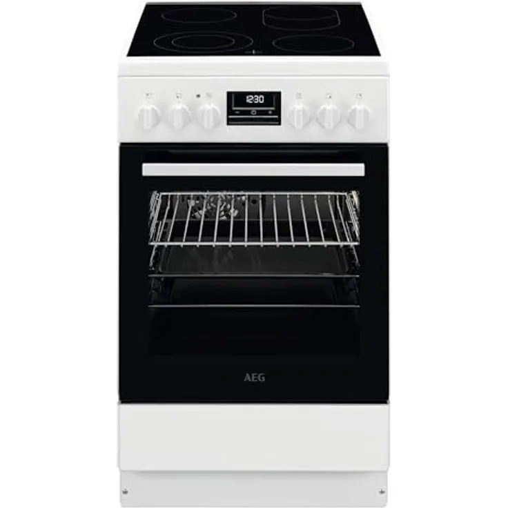 AEG Standherd mit Glaskeramik-Kochfeld / 50cm / Bräterzone / Mehrkreiskochzone / Teleskopschienen / Grillfunktion / Display mit Uhr / Weiß