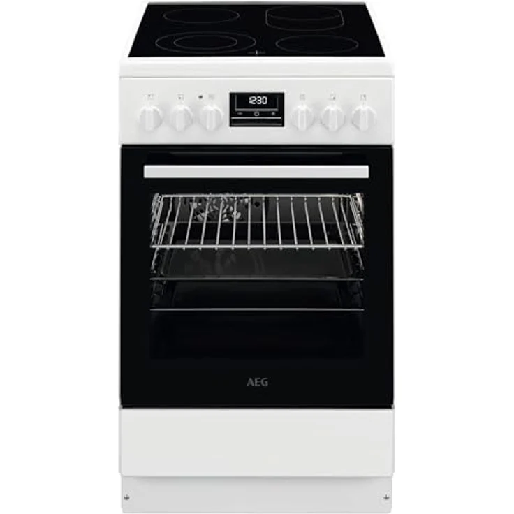 AEG Standherd mit Glaskeramik-Kochfeld / 50cm / Bräterzone / Mehrkreiskochzone / Teleskopschienen / Grillfunktion / Display mit Uhr / Weiß – Bild 1