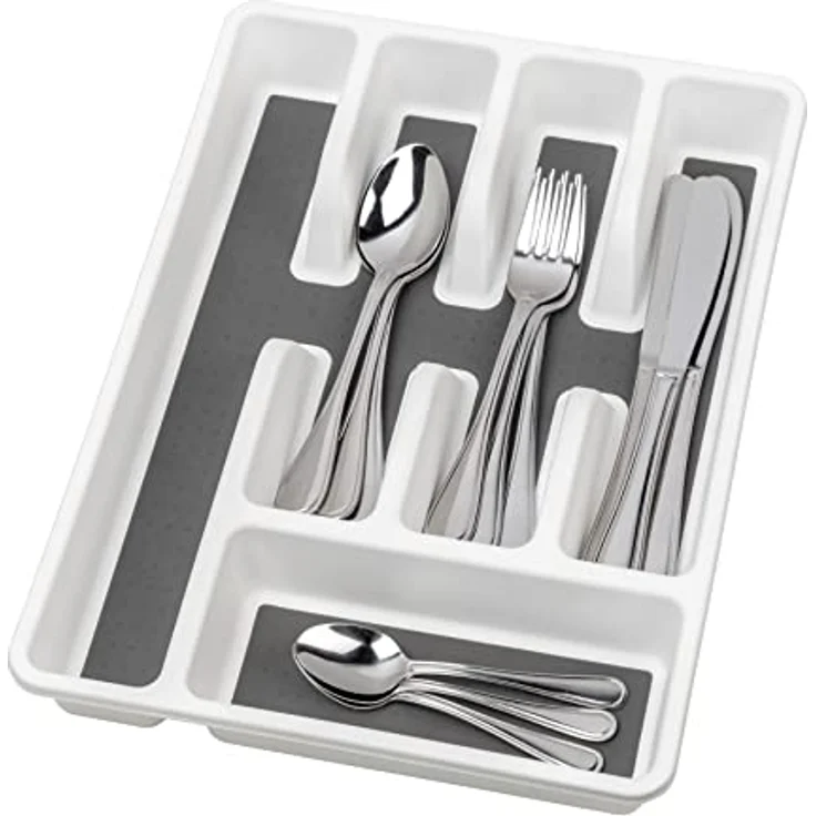 WENKO Besteckkasten Anti-Rutsch 5 Fächer, Schubladen-Einsatz für Besteck, aus stabilem Kunststoff mit rutschfesten Fächern, 26,5 x 36,5 x 5 cm, Weiß/Grau – Bild 2