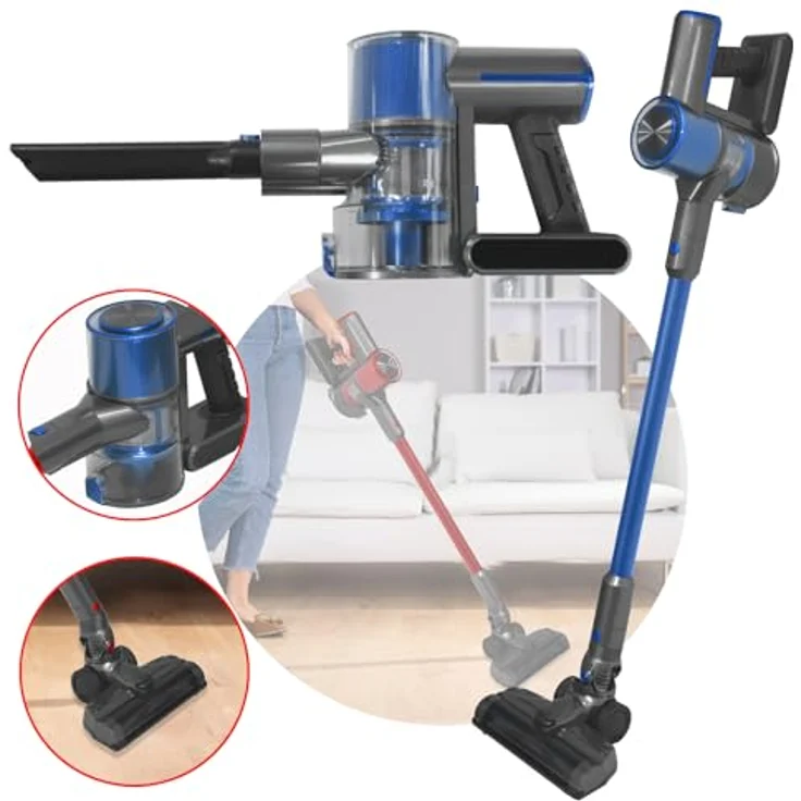 DMS 2in1 Zyklon Akku Staubsauger kabelloser Handstaubsauger, Elektrobürste, Lithium-Ionen Akku, Ladestation, Betriebszeit 35 Min (Blau-Grau) – Bild 2