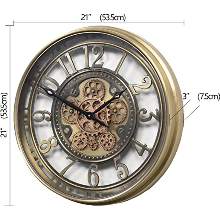Samilito Wanduhr mit echtem Bewegungsgetriebe Zahnrädern römische oder arabische Ziffern (Gold) – Bild 3