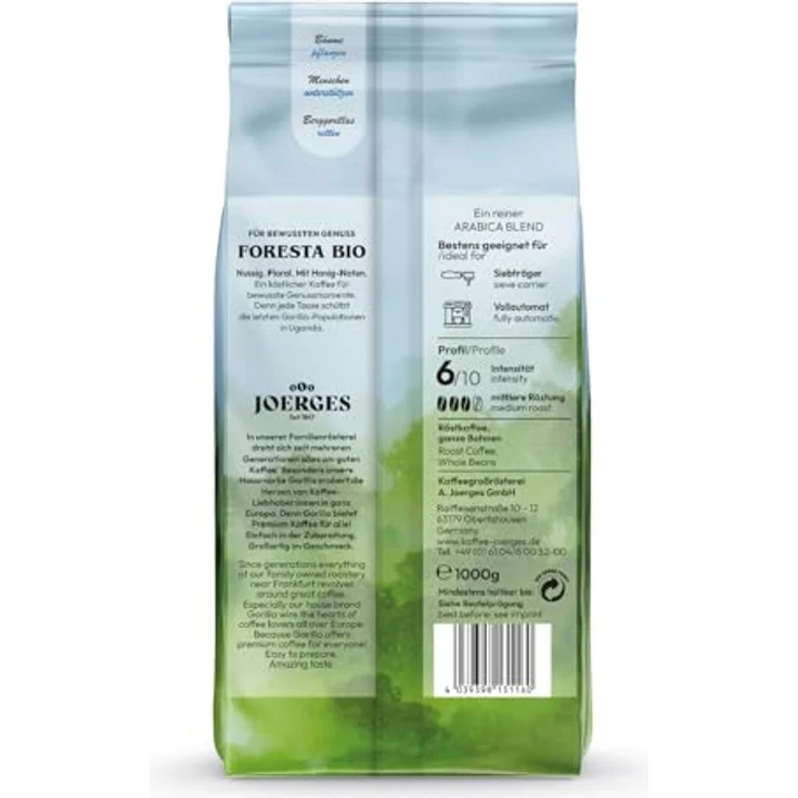 Joerges Foresta Bio, Geröstete Kaffeebohnen, 1 kg, Dunkle Röstung, 6/10 Intensität – Bild 2