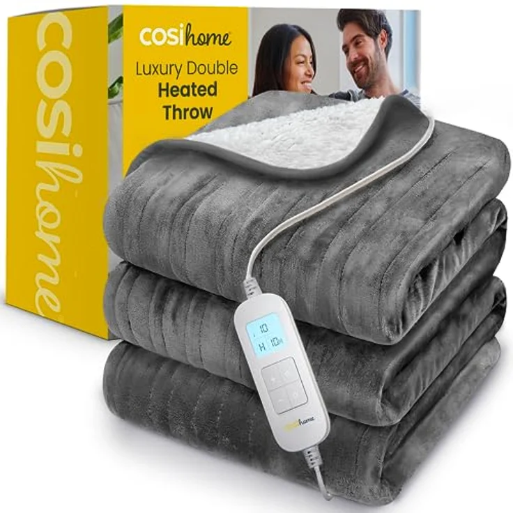 Cosi Home Heizdecke 200 x 150 cm - Elektrische Wärmedecke mit Abschaltautomatik, Überhitzungsschutz, Waschbar, Kuscheliges Sherpa & Fleece, 10 Heizstufen mit digitaler Fernbedienung - Grau – Bild 1