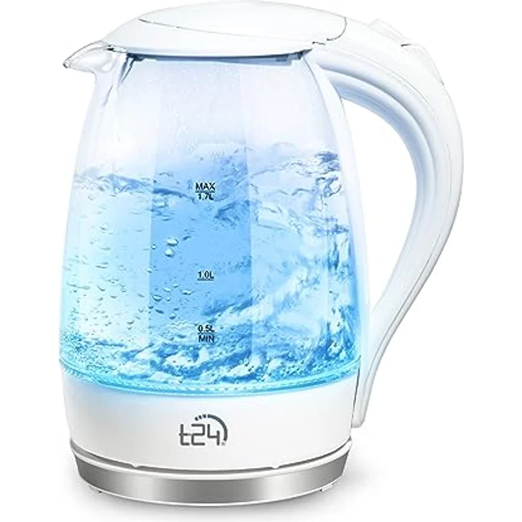T24 Borosilikatglas Wasserkocher mit LED, 2200 Watt, 1,7 Liter, Trockenkoch- und Überhitzungsschutz, mit Filter, weiß – Bild 2
