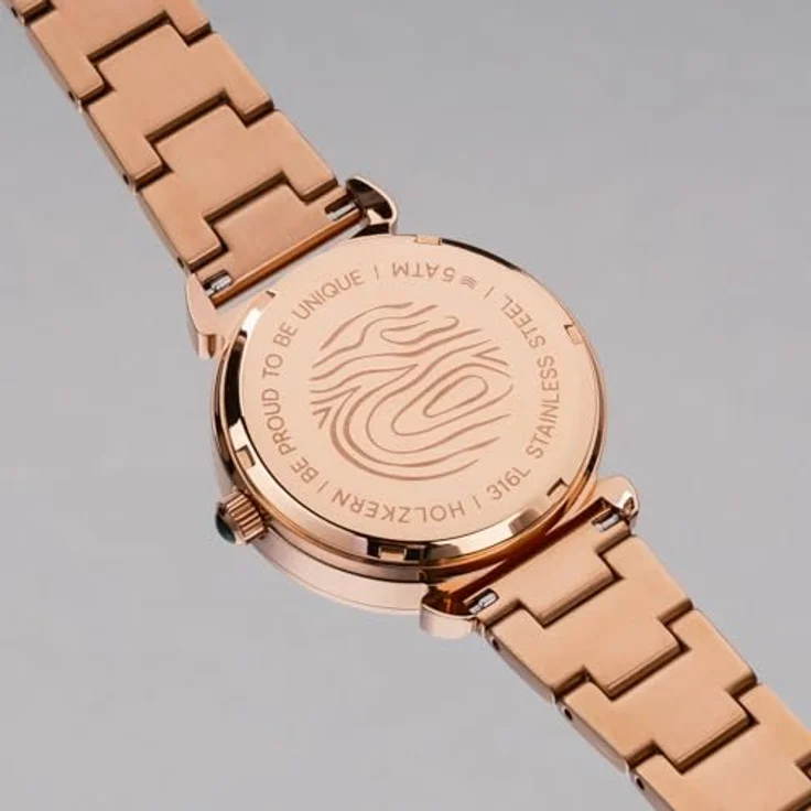 Holzkern Solaruhr Damen-Sunglister, Grünes Perlmutt/Roségoldfarben, Quarzwerk mit Solartechnologie, 34 mm Gehäuse, kratzunempfindliches Mineralglas, wasserdicht bis 5 bar – Bild 5