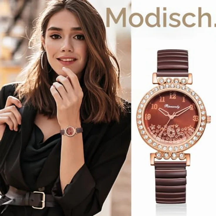 JewelryWe Damenuhr Elastisch auf Zirkonia mit Braunem Edelstahl Stretch-Armband, Analog Quarzwerk und Gut Ablesbarer Digitalskala – Bild 4