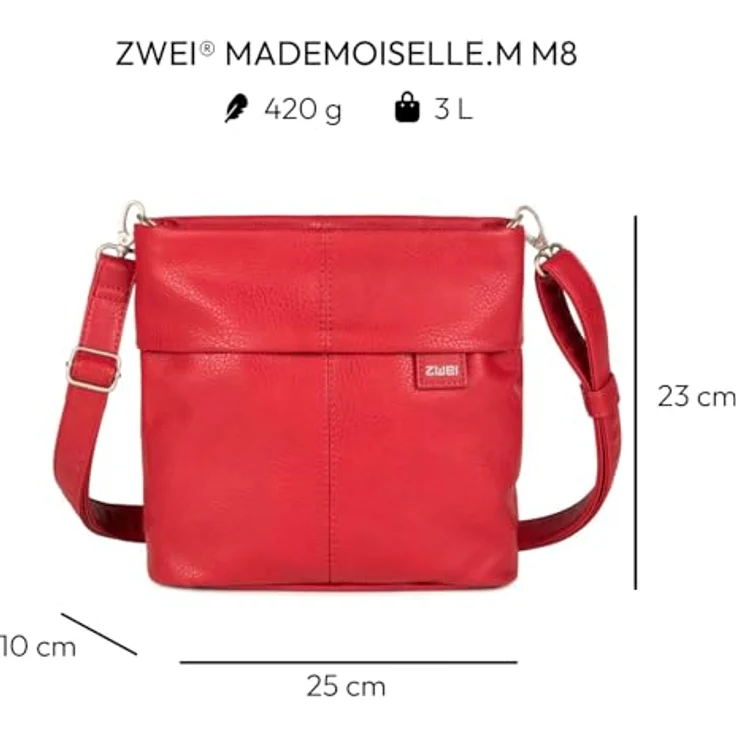 Zwei Mademoiselle M8, Schultertasche 25 cm aus veganem Kunstleder, rot, mit durchdachter Innenaufteilung und zwei Tragoptionen – Bild 2