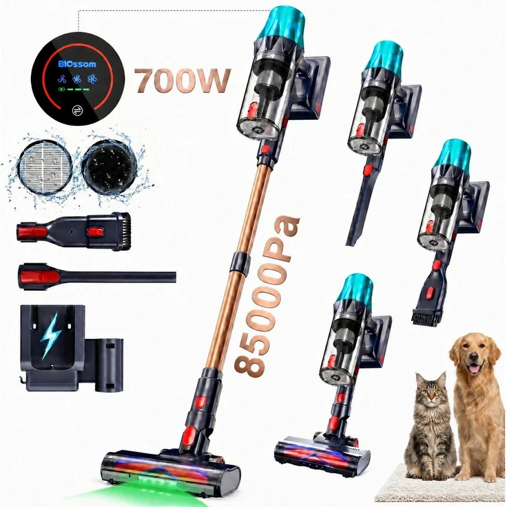 Blossom Akku-Hand- und Stielstaubsauger, Kabelloser Staubsauger mit 85.000 Pa Saugkraft, 70 Min Laufzeit, beutellos, 52 dB leise, 6-Stufen-Filter, OLED Display, ideal für Böden, Teppiche und Auto