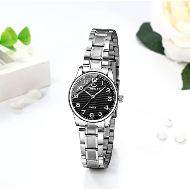 JewelryWe Damen Armbanduhr Analog Quarz, 30M wasserdicht, Edelstahl mit römischen Ziffern und leuchtenden Zeigern, Schwarz – Bild 2
