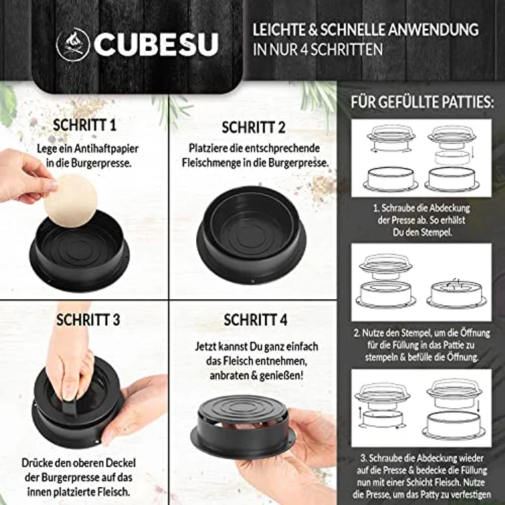 Cubesu Burgerpresse Set, 3 Ringformen in verschiedenen Größen, Antihaftbeschichtung, 75 Blatt Backpapier, inkl. Stempel für gefüllte Patties – Bild 5
