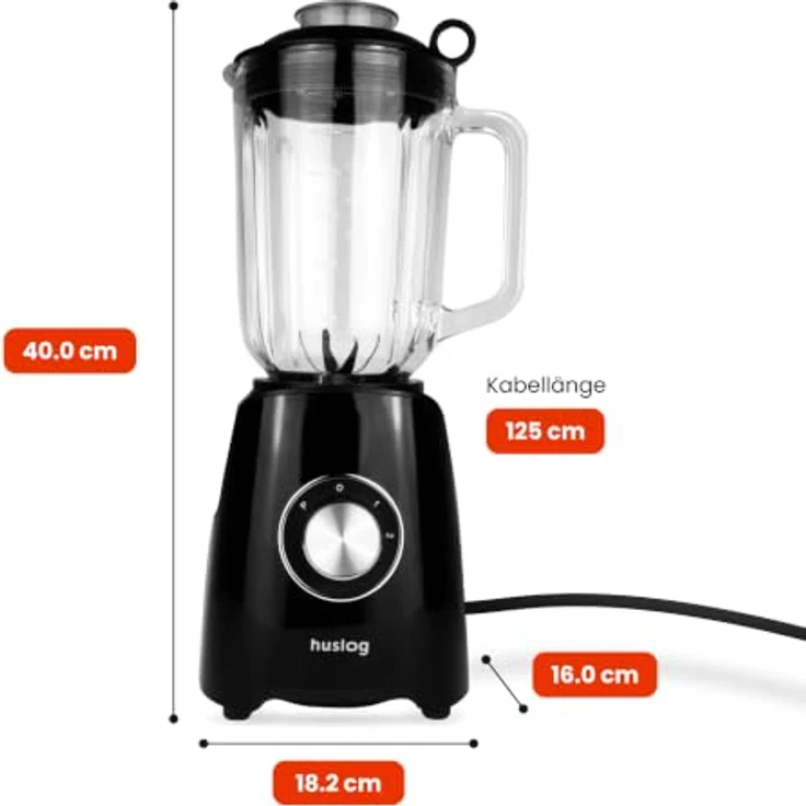 Huslog Standmixer Bechermixer 1200W, 1500 ml Behälter, Pulsfunktion, Edelstahl-Kreuzklingen, Schwarz – Bild 7
