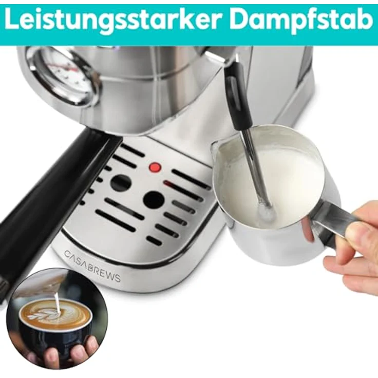 CASABREWS Espresso Siebträgermaschine 20 Bar, Edelstahl-Espressomaschine mit professionellem Milchaufschäumer, 1L Wassertank, silber – Bild 3