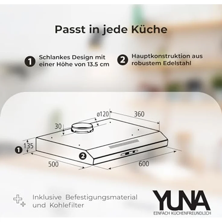 Yuna KUBH 60205 Dunstabzugshaube, inklusive Kohlefilter, Breite 60 cm, edelstahl – Bild 8