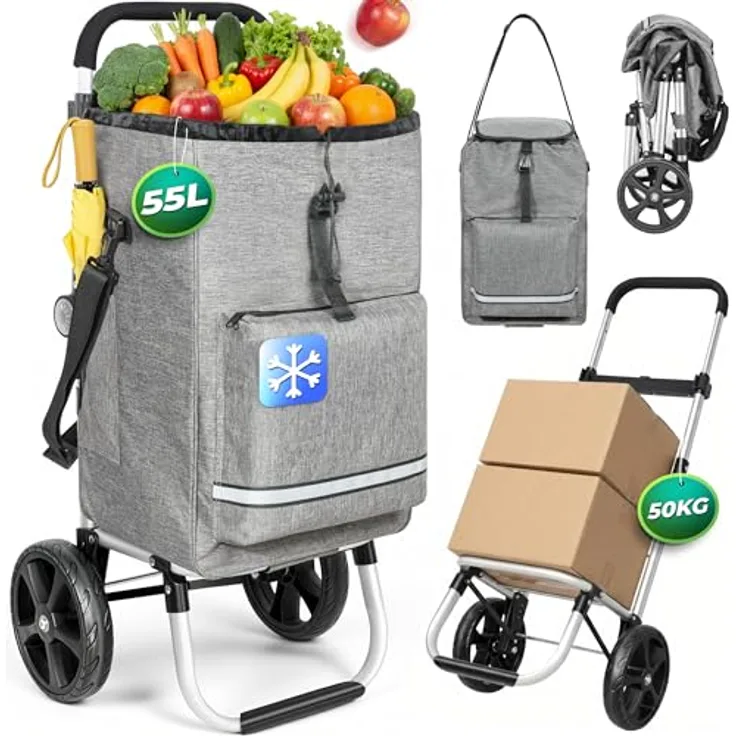 HOMECALL Einkaufstrolley klappbar 3 in 1 mit Kühltasche, 55L Kapazität, 50kg Tragkraft, Treppensteiger-Räder, ergonomic Griff, grau
