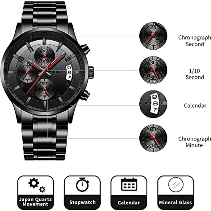 CRRJU Herren Chronograph Armbanduhr, wasserdichte Edelstahlarmbanduhr mit Kalender, analoges Japanisches Quarzwerk, Schwarz Rot – Bild 4