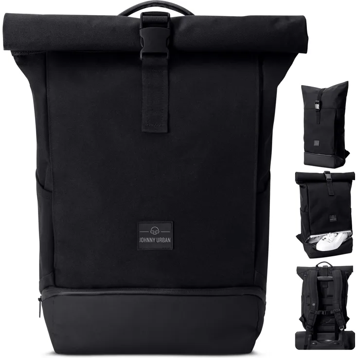 Johnny Urban Cityrucksack Allen Medium, Rolltop Damen Herren, Laptop Fach (1-tlg), Wasserabweisend, Schwarz