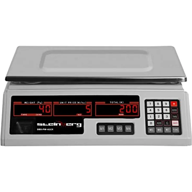 Steinberg Systems SBS-PW-402CR Kontrollwaage Marktwaage 40 kg / 2 g Preiswaage Digitale Waage 7 Speicherplätze Ladenwaage mit Preisanzeige Tischwaage mit LED-Display integrierter Akku – Bild 3