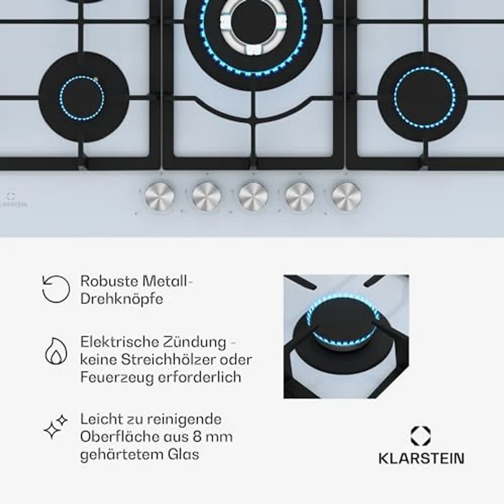 Klarstein Ignito Gaskochfeld, 5-Zonen-Sabaf-Brenner mit Wok-Aufsatz, 3,6 kW–1 kW, gehärtetes Glas, SnapJetIgnition, 75 x 10 x 52 cm – Bild 5