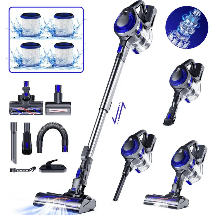 Homimaster Akku-Hand- und Stielstaubsauger 60000Pa, Kabelloser Staubsauger mit HEPA-Filter, 50 Min Laufzeit, 1,6L Staubbehälter, LED-Beleuchtung, Anti-Verwicklungs-Bürste